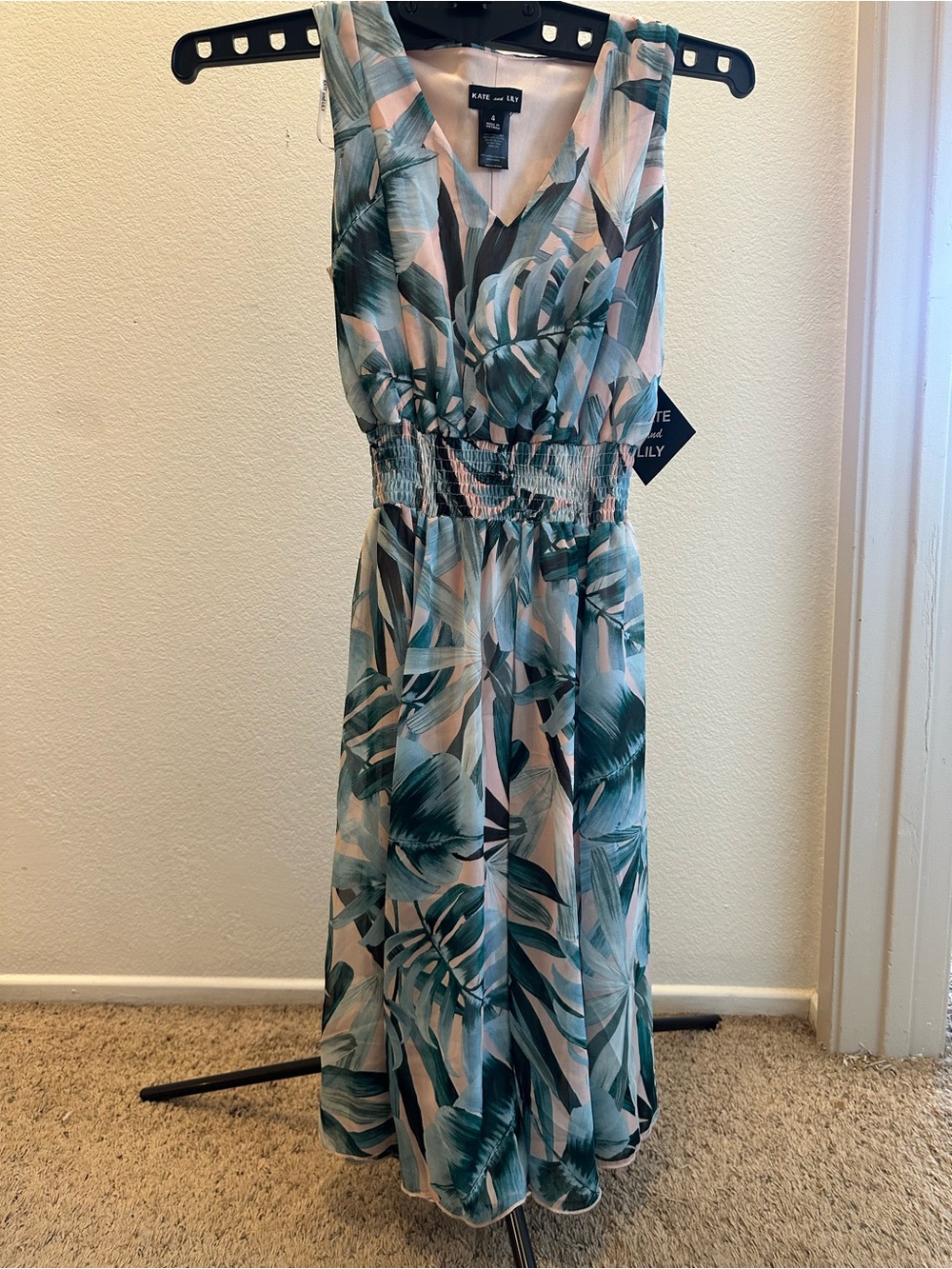Kate & Lily Teal Palm-Print Sleeveless Midi Dress